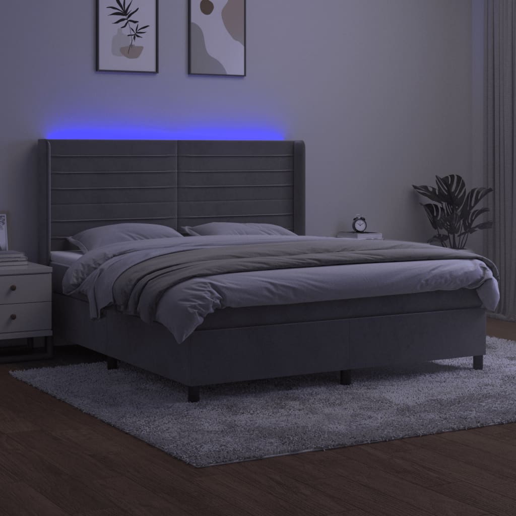 vidaXL Łóżko kontynentalne z materacem i LED, szare 160x200cm, aksamit