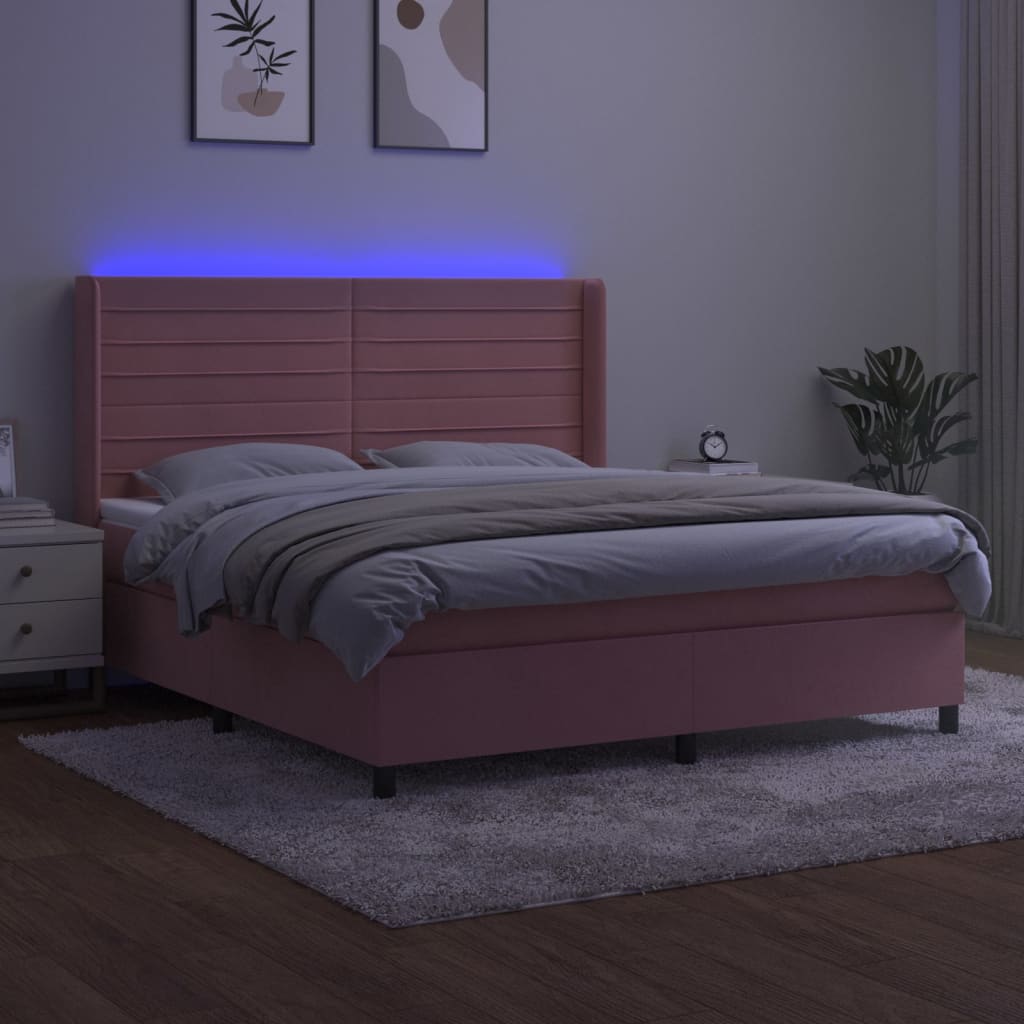 vidaXL Łóżko kontynentalne z materacem i LED, różowy aksamit 180x200cm