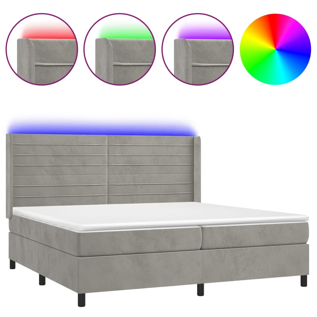 vidaXL Łóżko kontynentalne z materacem i LED, szare 200x200cm, aksamit