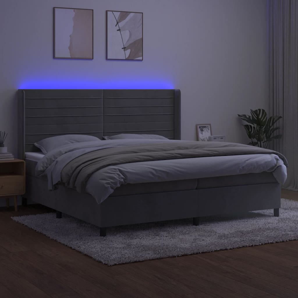 vidaXL Łóżko kontynentalne z materacem i LED, szare 200x200cm, aksamit