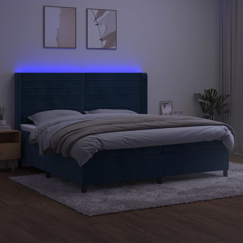 vidaXL Łóżko kontynentalne, materac i LED, niebieski aksamit 200x200cm