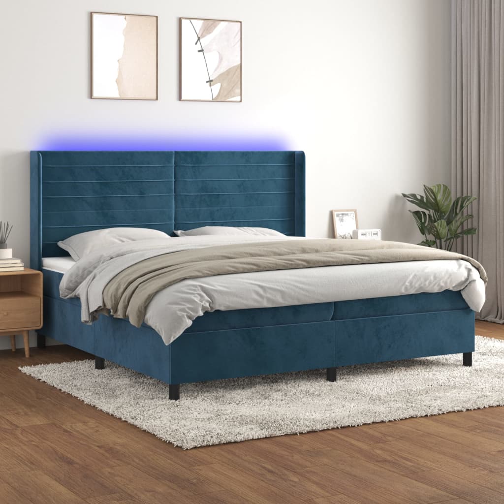 vidaXL Łóżko kontynentalne, materac i LED, niebieski aksamit 200x200cm