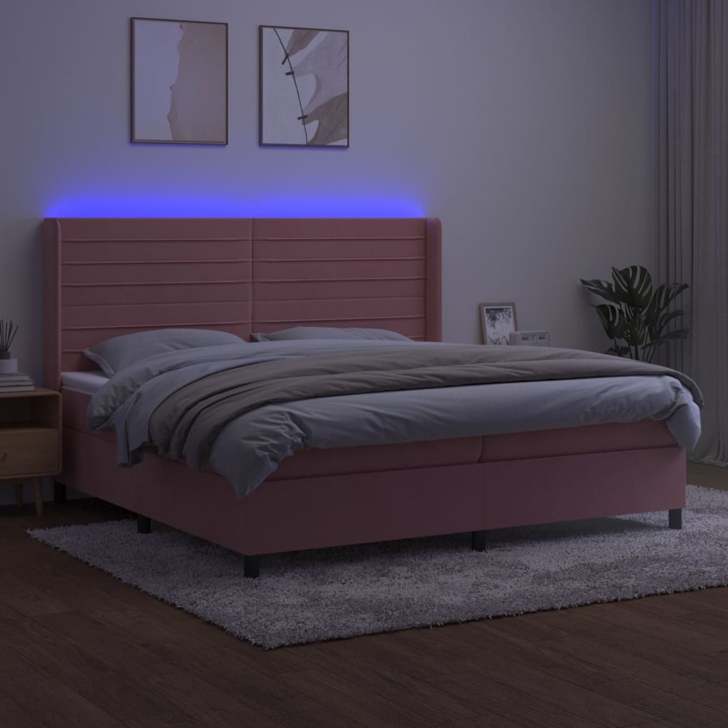 vidaXL Łóżko kontynentalne z materacem i LED, różowy aksamit 200x200cm