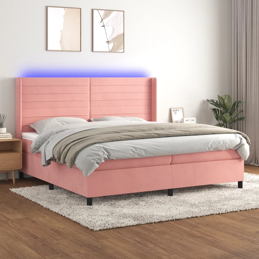 vidaXL Łóżko kontynentalne z materacem i LED, różowy aksamit 200x200cm