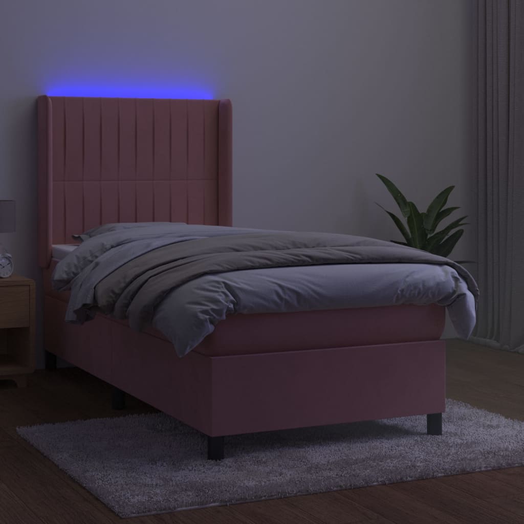 vidaXL Łóżko kontynentalne z materacem i LED, różowy aksamit 80x200 cm