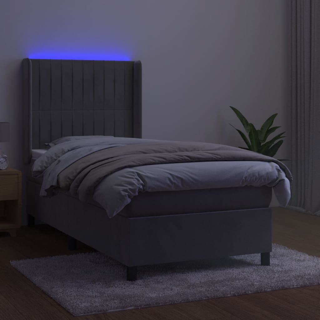 vidaXL Łóżko kontynentalne z materacem i LED, szare 90x190 cm, aksamit