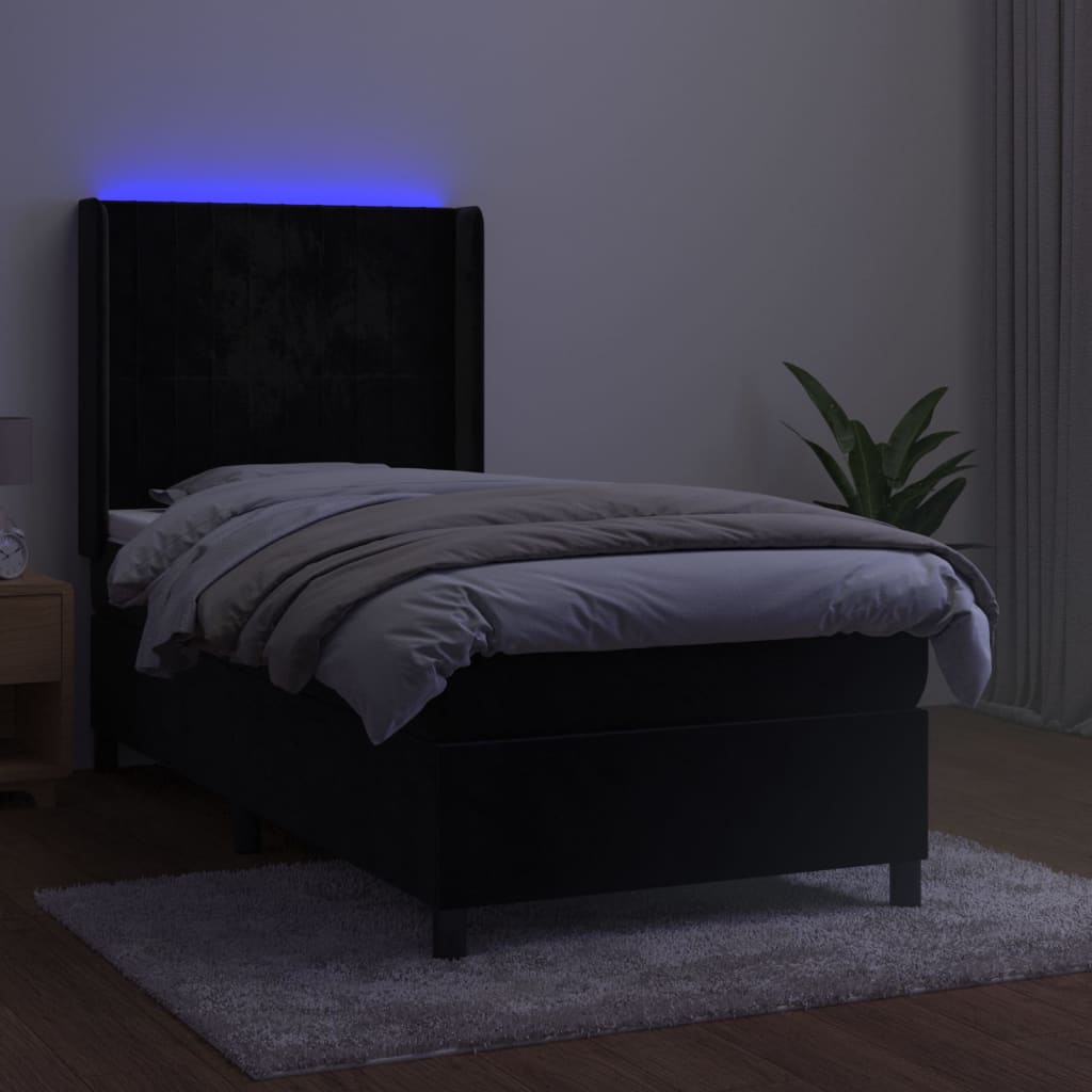 vidaXL Łóżko kontynentalne z materacem i LED, czarny aksamit 90x190 cm