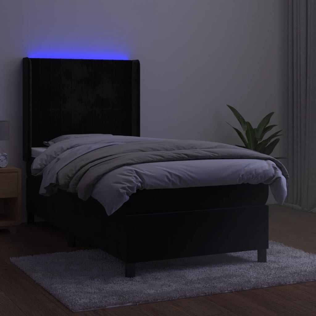 vidaXL Łóżko kontynentalne z materacem i LED, czarny aksamit 90x200 cm