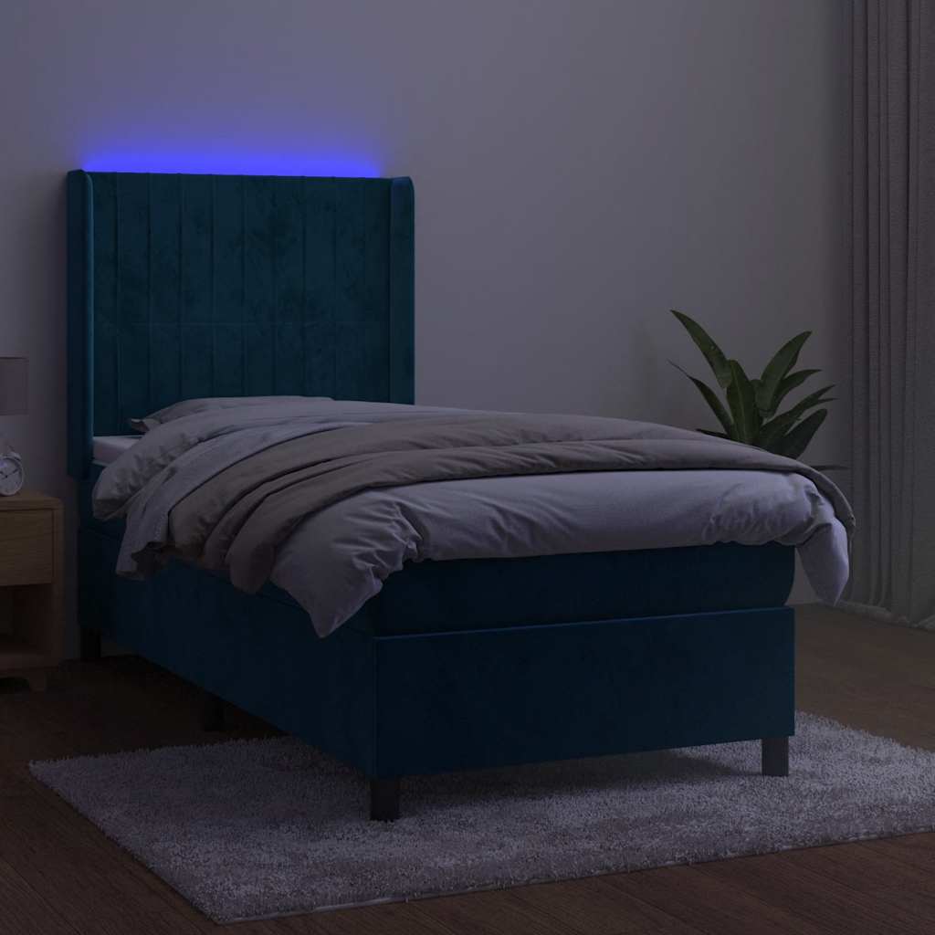 vidaXL Łóżko kontynentalne, materac i LED, niebieski aksamit 90x200 cm
