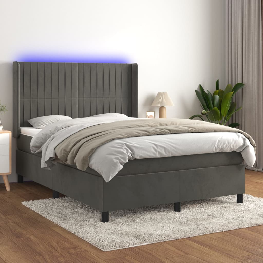 vidaXL Łóżko kontynentalne z materacem i LED, szary aksamit, 140x190cm