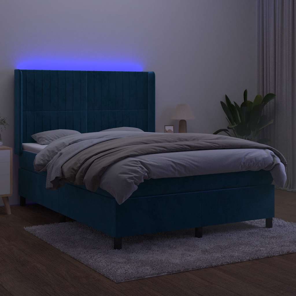 vidaXL Łóżko kontynentalne, materac i LED, niebieski aksamit 140x190cm