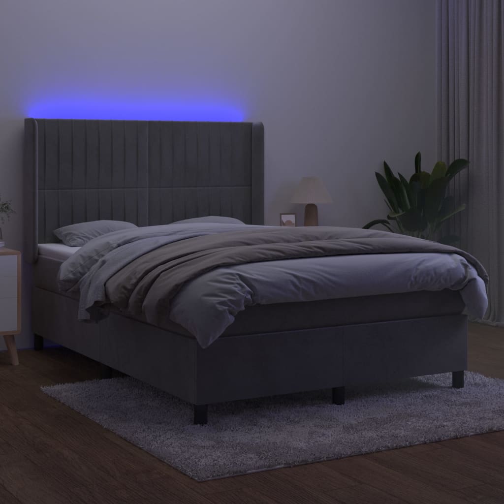 vidaXL Łóżko kontynentalne z materacem i LED, szare 140x200cm, aksamit
