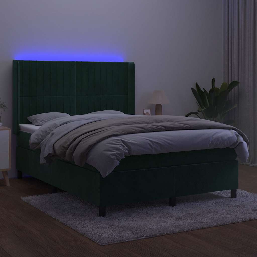 vidaXL Łóżko kontynentalne z materacem i LED zielony aksamit 140x200cm