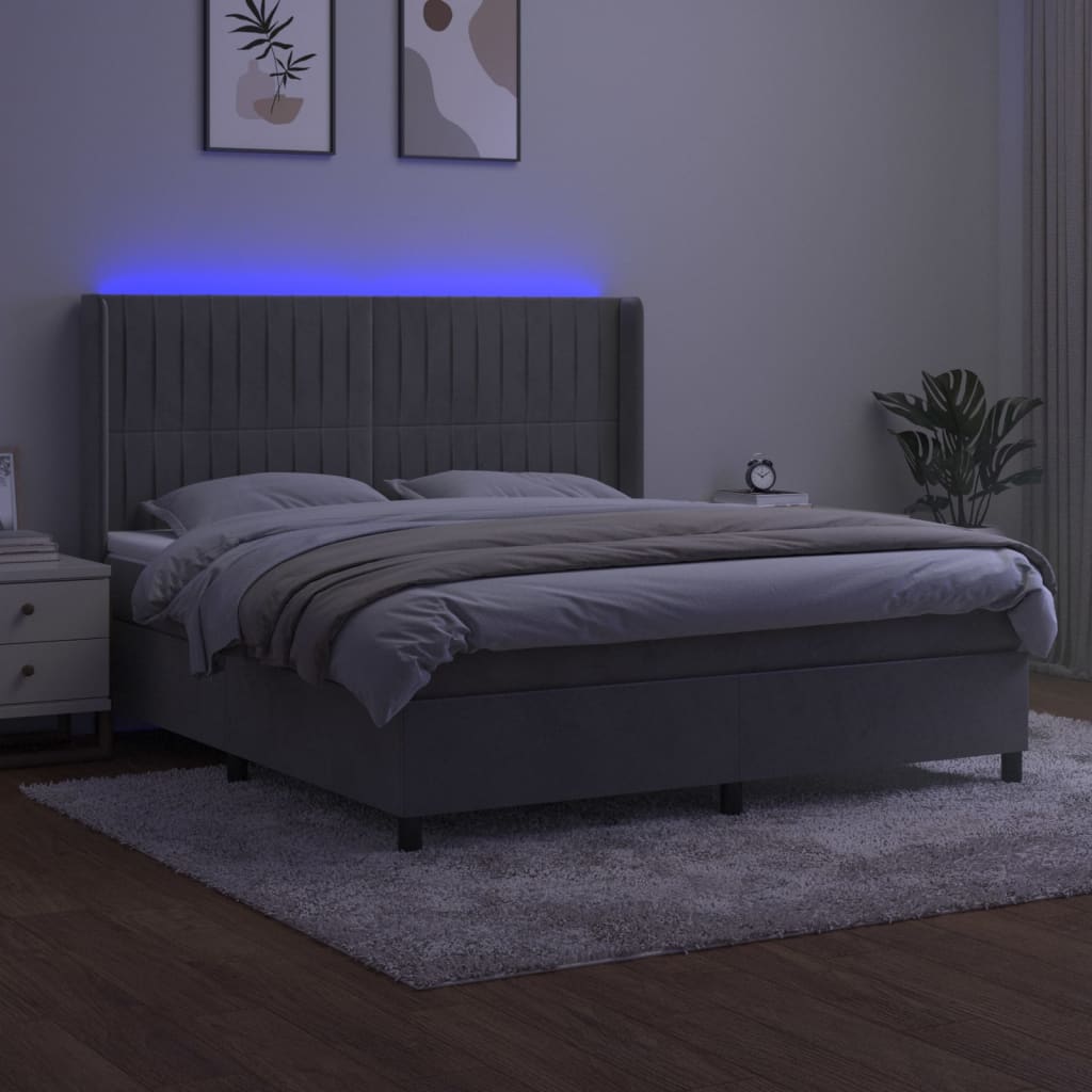 vidaXL Łóżko kontynentalne z materacem i LED, szare 160x200cm, aksamit