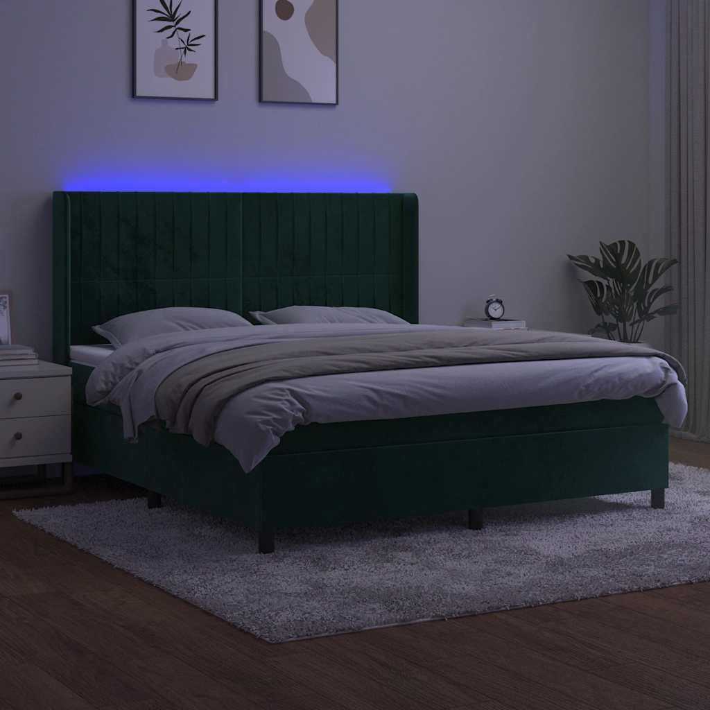 vidaXL Łóżko kontynentalne z materacem i LED zielony aksamit 160x200cm