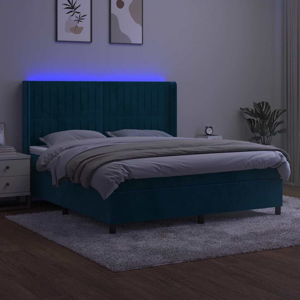 vidaXL Łóżko kontynentalne, materac i LED, niebieski aksamit 160x200cm