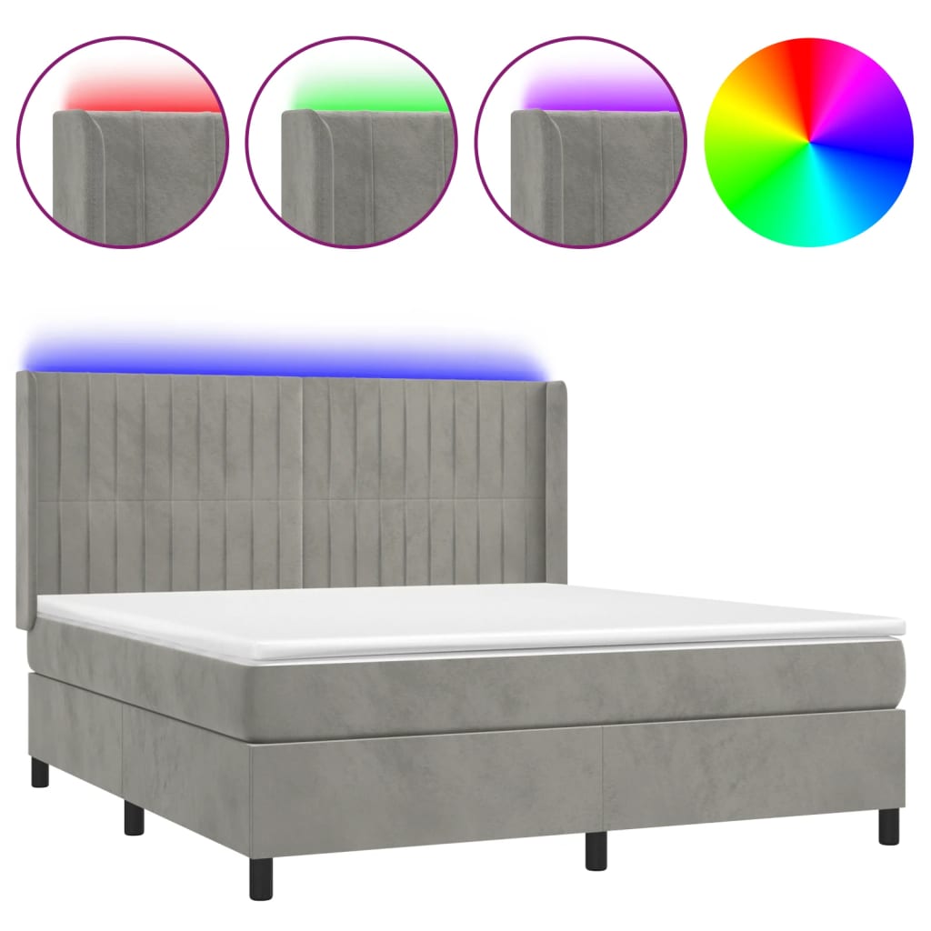 vidaXL Łóżko kontynentalne z materacem i LED, szare 180x200cm, aksamit