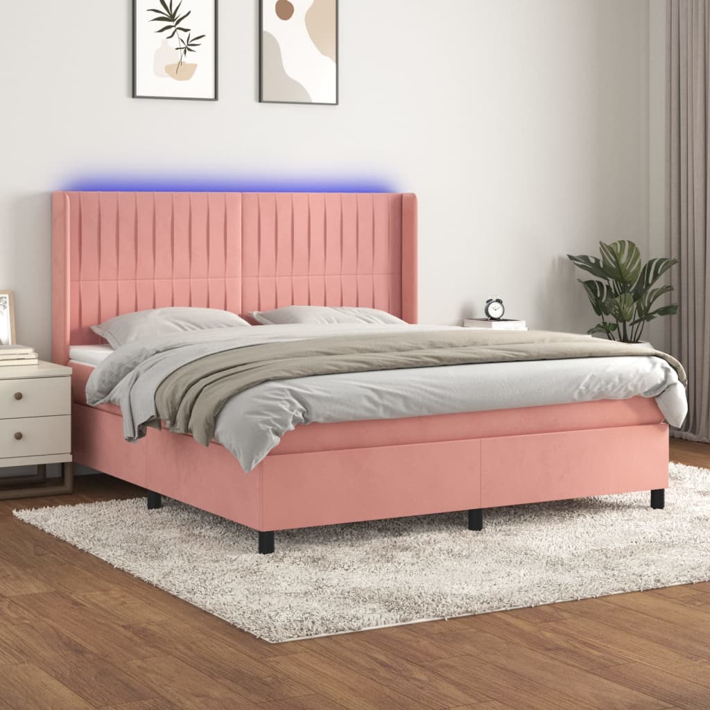 vidaXL Łóżko kontynentalne z materacem i LED, różowy aksamit 180x200cm