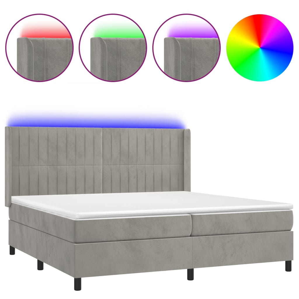 vidaXL Łóżko kontynentalne z materacem i LED, szare 200x200cm, aksamit