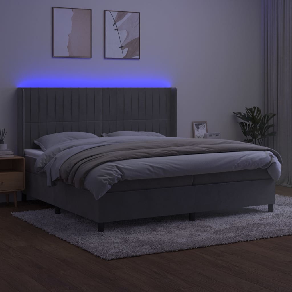 vidaXL Łóżko kontynentalne z materacem i LED, szare 200x200cm, aksamit