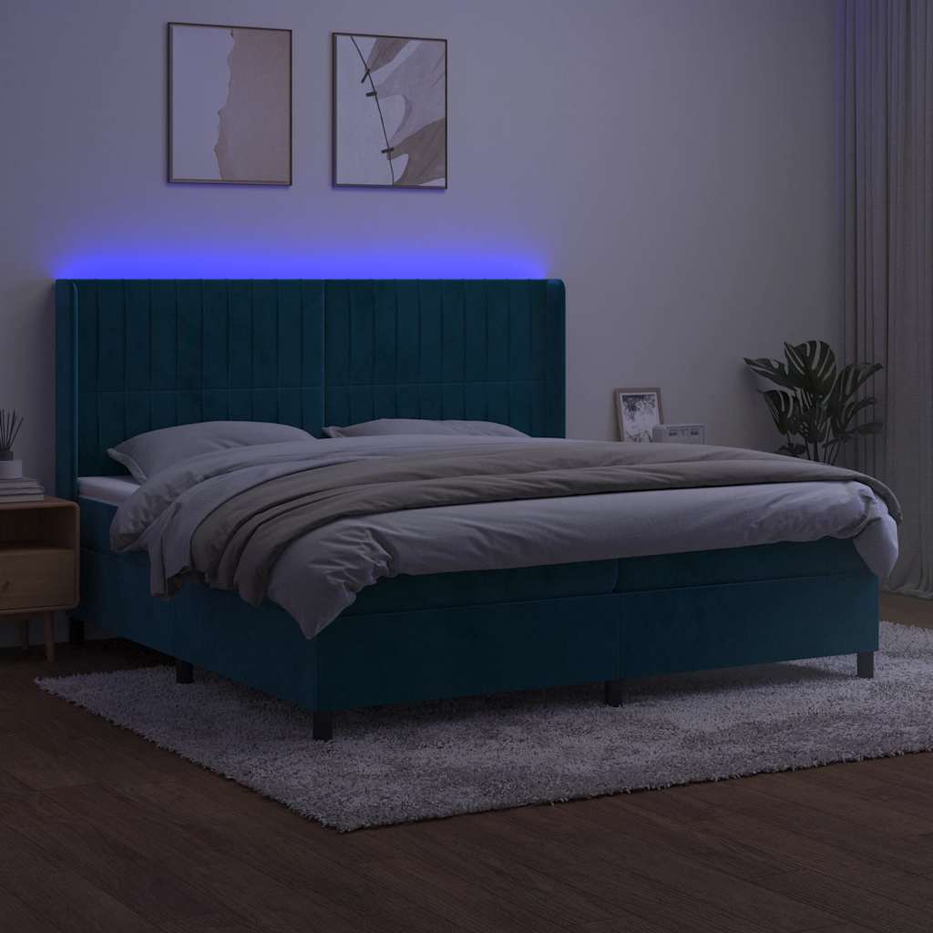 vidaXL Łóżko kontynentalne, materac i LED, niebieski aksamit 200x200cm