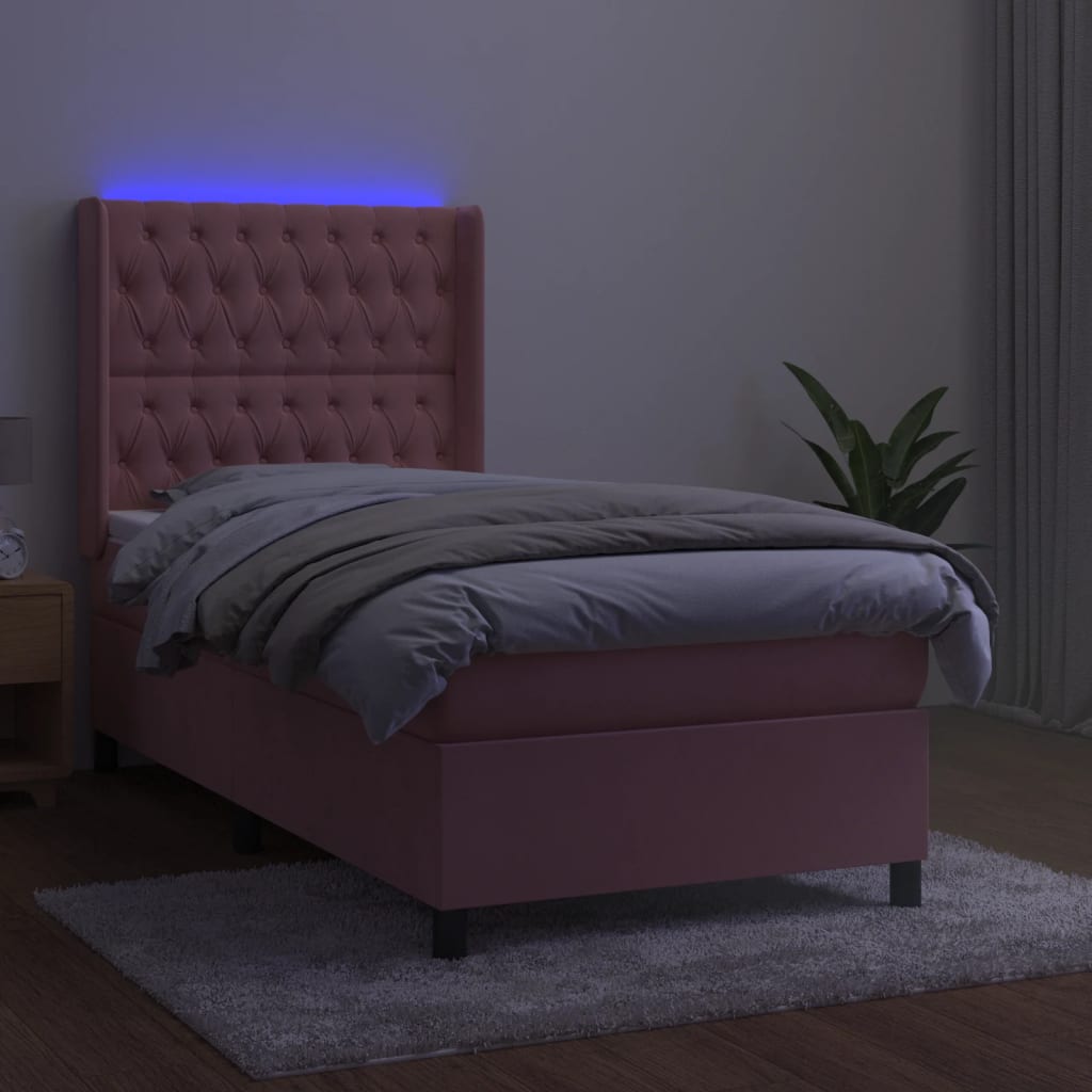 vidaXL Łóżko kontynentalne z materacem i LED, różowy aksamit 80x200 cm