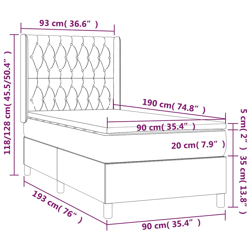 vidaXL Łóżko kontynentalne, materac i LED, niebieski aksamit 90x190 cm