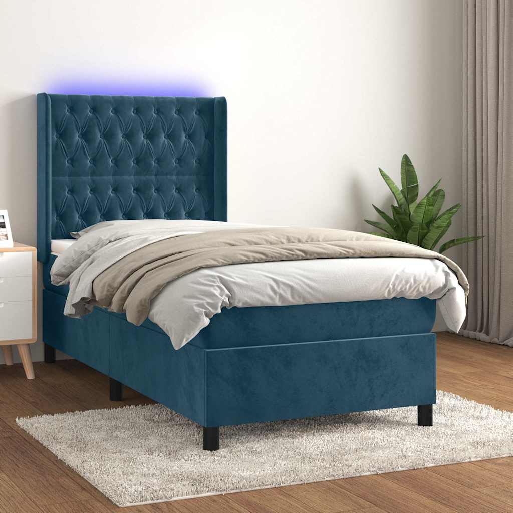 vidaXL Łóżko kontynentalne, materac i LED, niebieski aksamit 90x190 cm