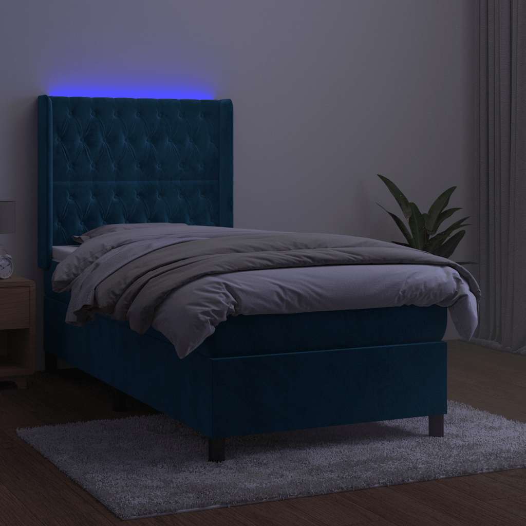 vidaXL Łóżko kontynentalne, materac i LED, niebieski aksamit 90x200 cm