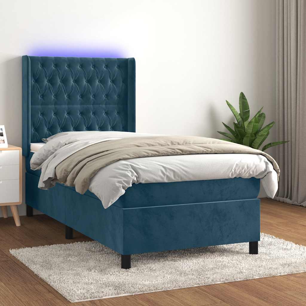 vidaXL Łóżko kontynentalne, materac i LED, niebieski aksamit 90x200 cm