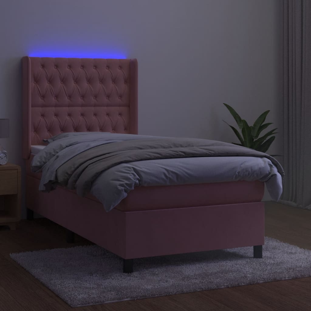 vidaXL Łóżko kontynentalne z materacem i LED, różowy aksamit 90x200 cm