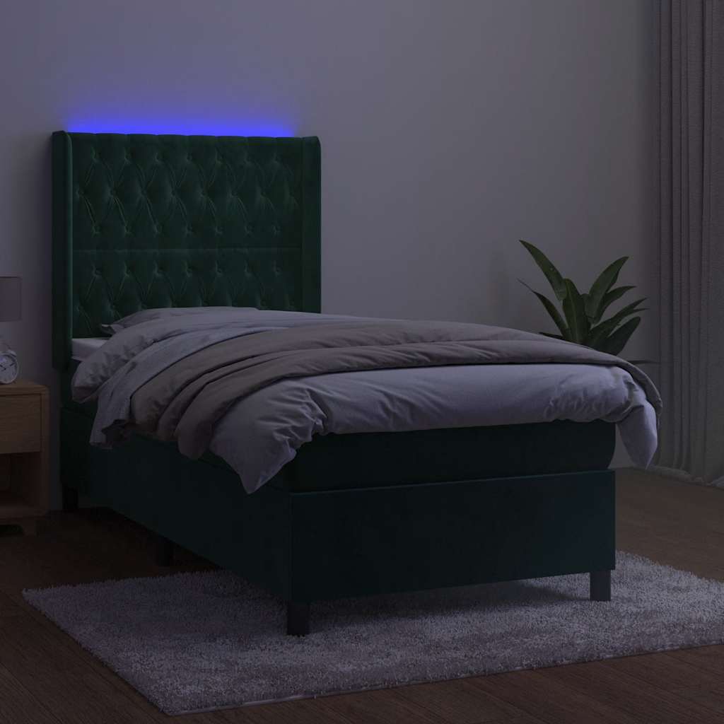 vidaXL Łóżko kontynentalne z materacem i LED zielony aksamit 100x200cm