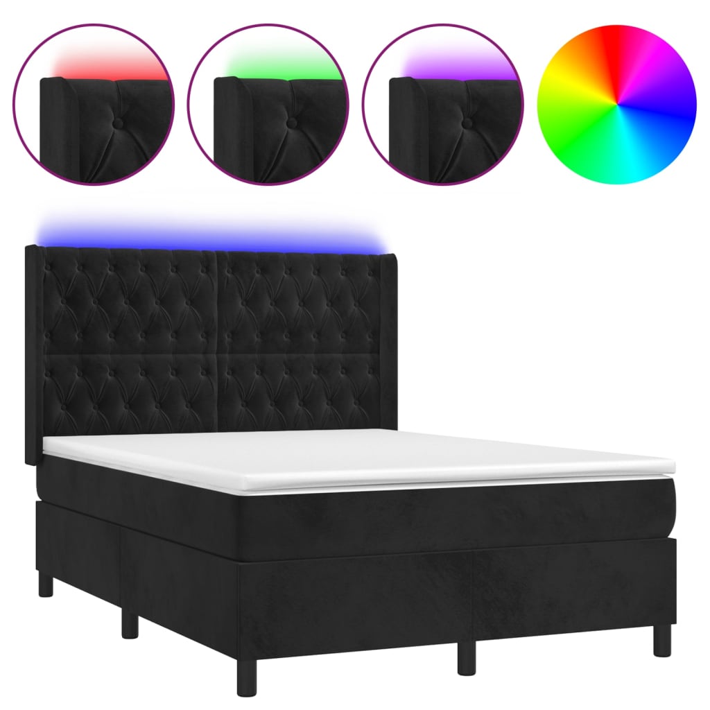 vidaXL Łóżko kontynentalne z materacem i LED, czarny aksamit 140x190cm