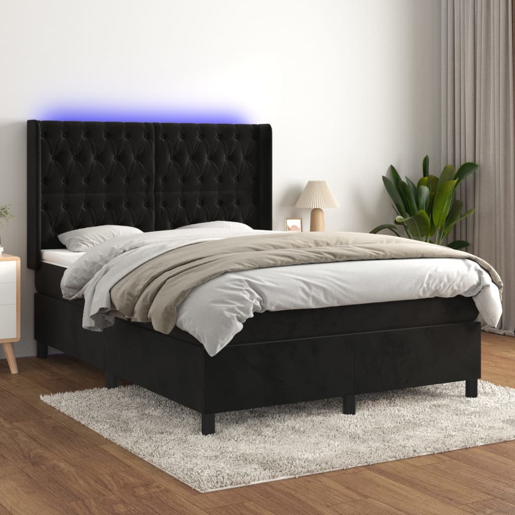 vidaXL Łóżko kontynentalne z materacem i LED, czarny aksamit 140x190cm