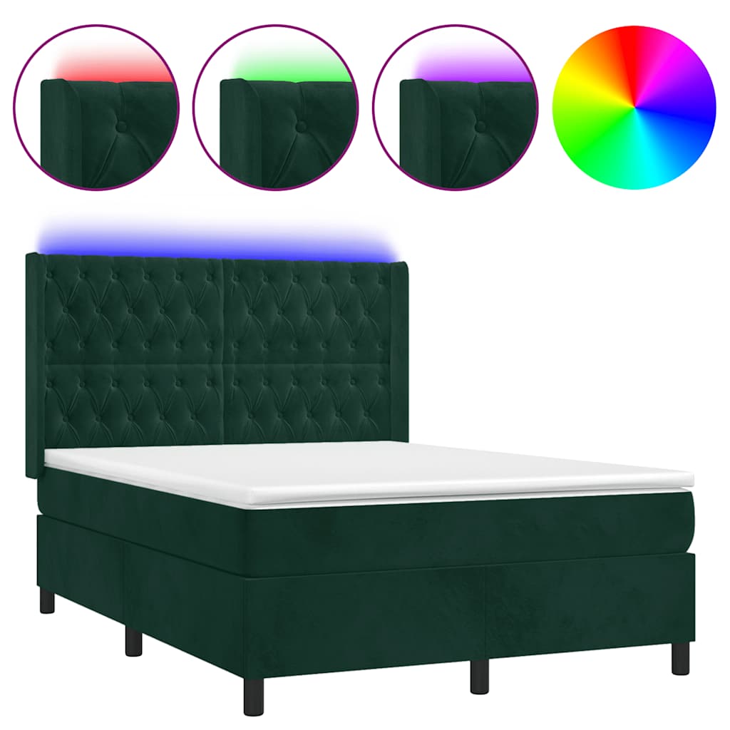 vidaXL Łóżko kontynentalne z materacem i LED zielony aksamit 140x190cm