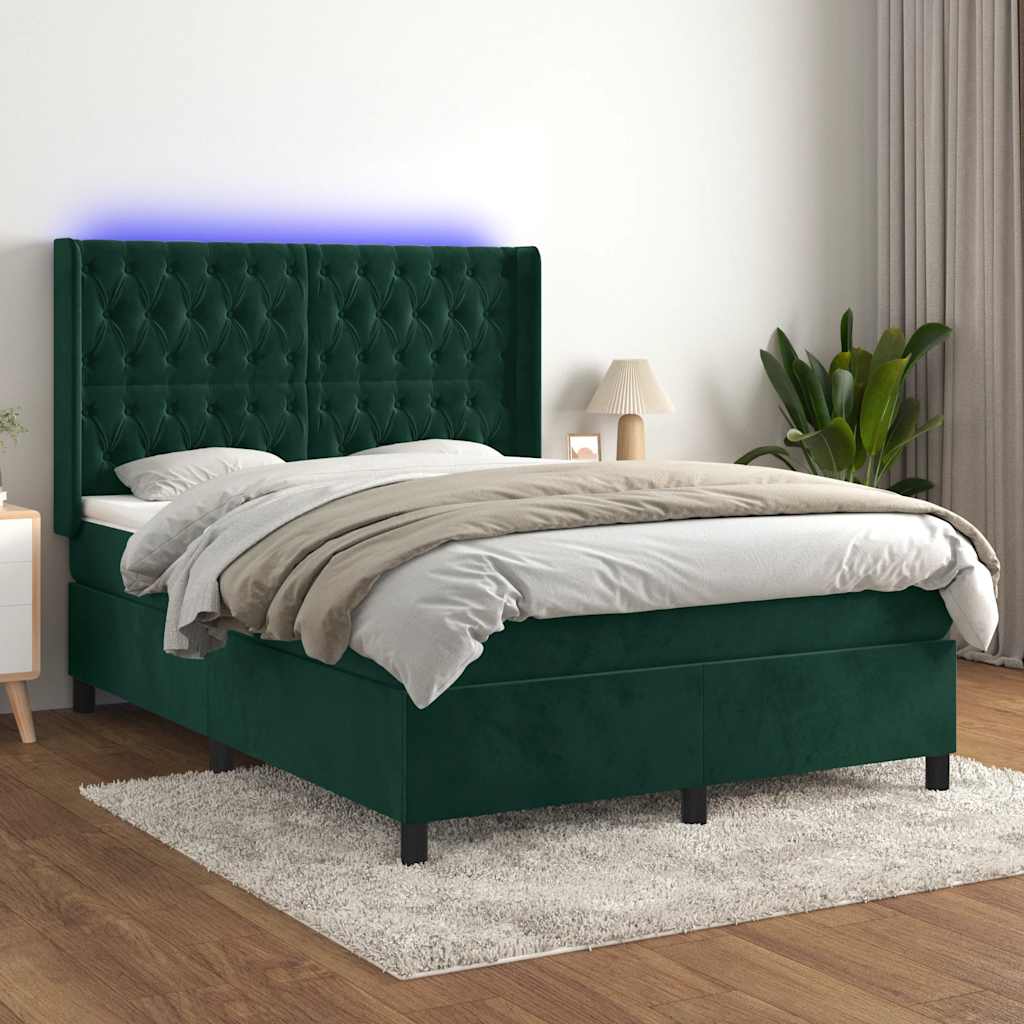 vidaXL Łóżko kontynentalne z materacem i LED zielony aksamit 140x190cm