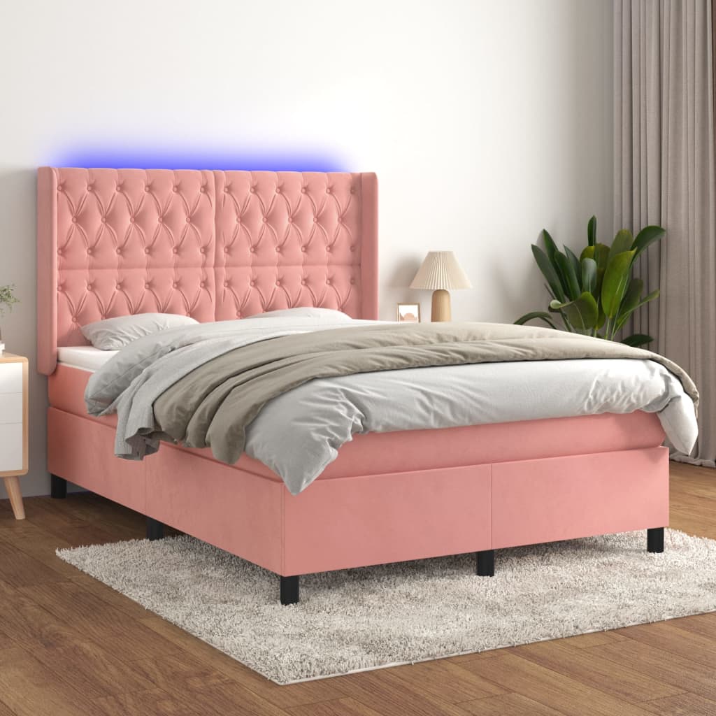 vidaXL Łóżko kontynentalne z materacem i LED, różowy aksamit 140x190cm