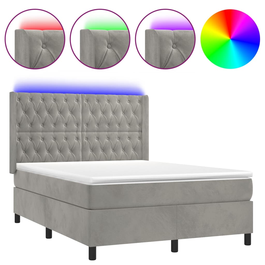 vidaXL Łóżko kontynentalne z materacem i LED, szare 140x200cm, aksamit