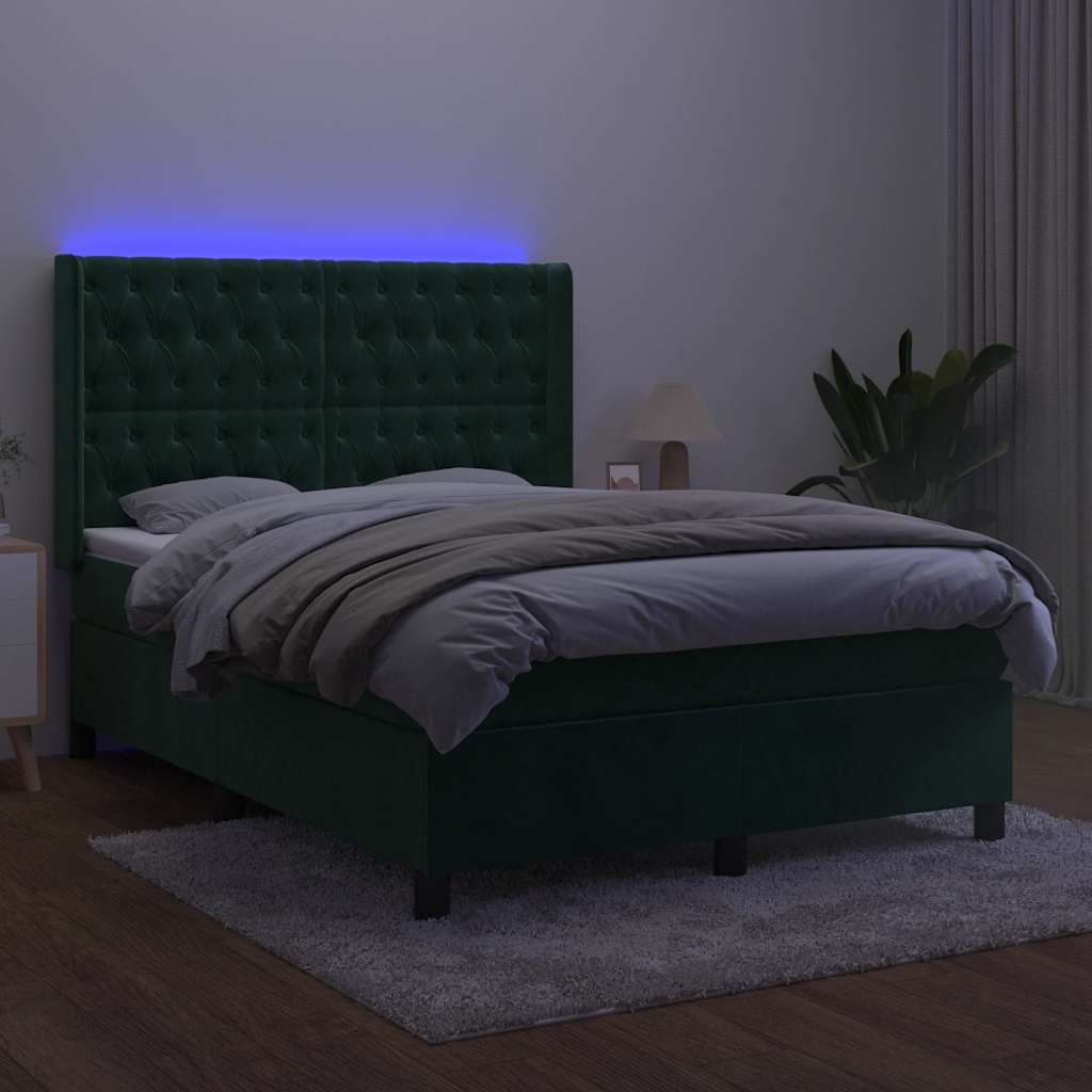 vidaXL Łóżko kontynentalne z materacem i LED zielony aksamit 140x200cm