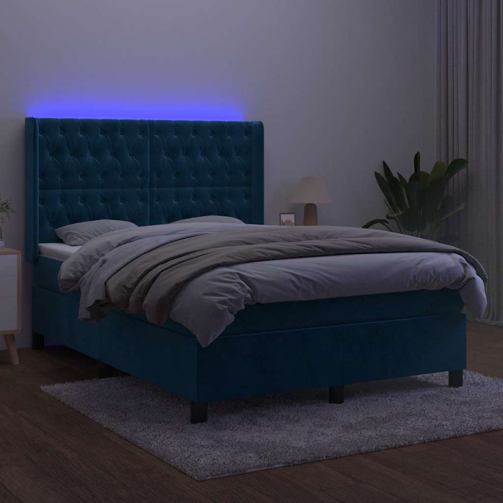 vidaXL Łóżko kontynentalne, materac i LED, niebieski aksamit 140x200cm