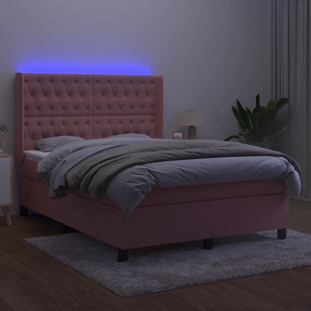 vidaXL Łóżko kontynentalne z materacem i LED, różowy aksamit 140x200cm