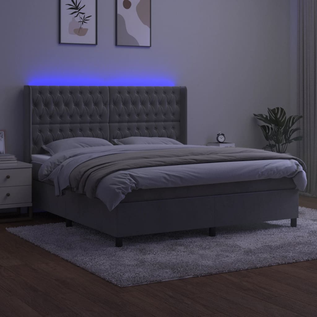 vidaXL Łóżko kontynentalne z materacem i LED, szare 160x200cm, aksamit