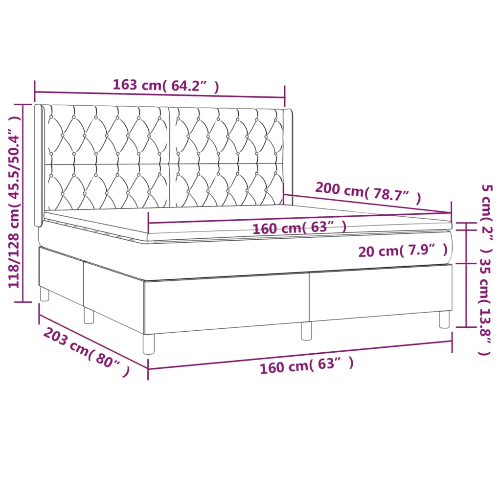 vidaXL Łóżko kontynentalne z materacem i LED, szare 160x200cm, aksamit