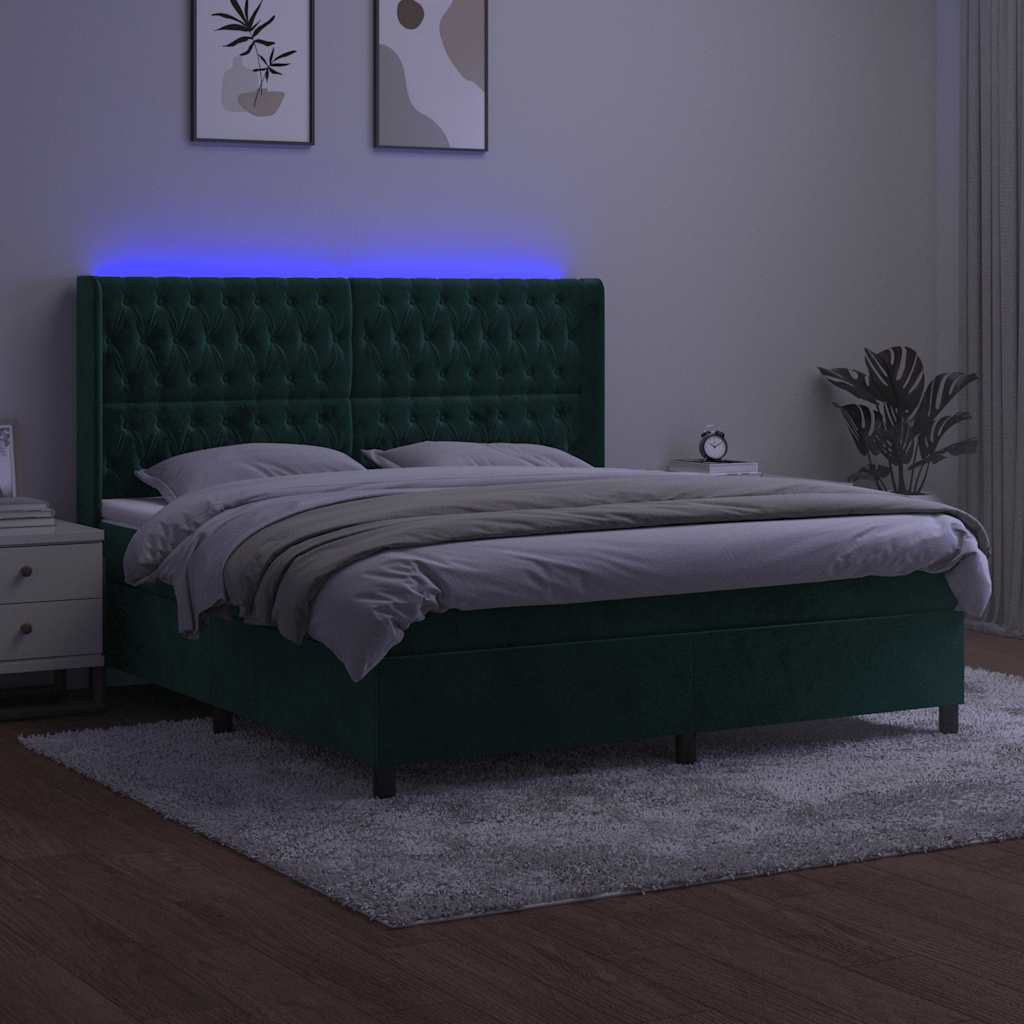 vidaXL Łóżko kontynentalne z materacem i LED zielony aksamit 160x200cm