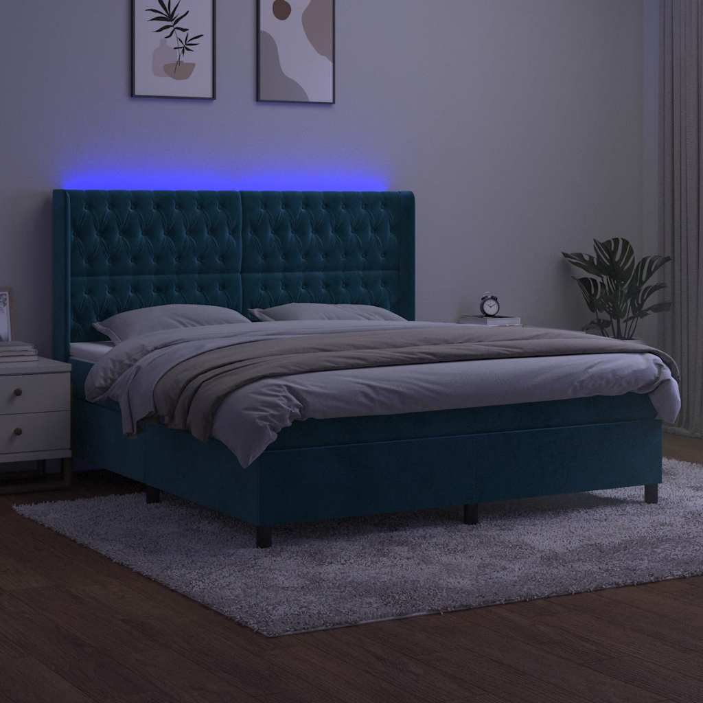 vidaXL Łóżko kontynentalne, materac i LED, niebieski aksamit 160x200cm