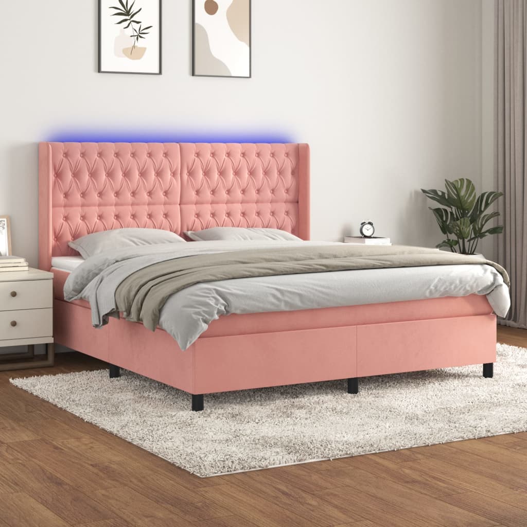 vidaXL Łóżko kontynentalne z materacem i LED, różowy aksamit 160x200cm
