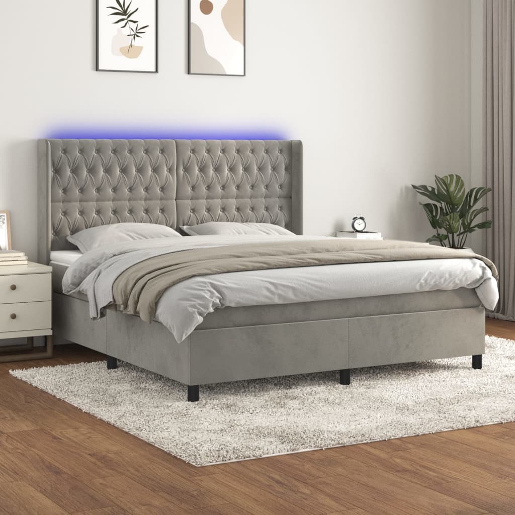 vidaXL Łóżko kontynentalne z materacem i LED, szare 180x200cm, aksamit