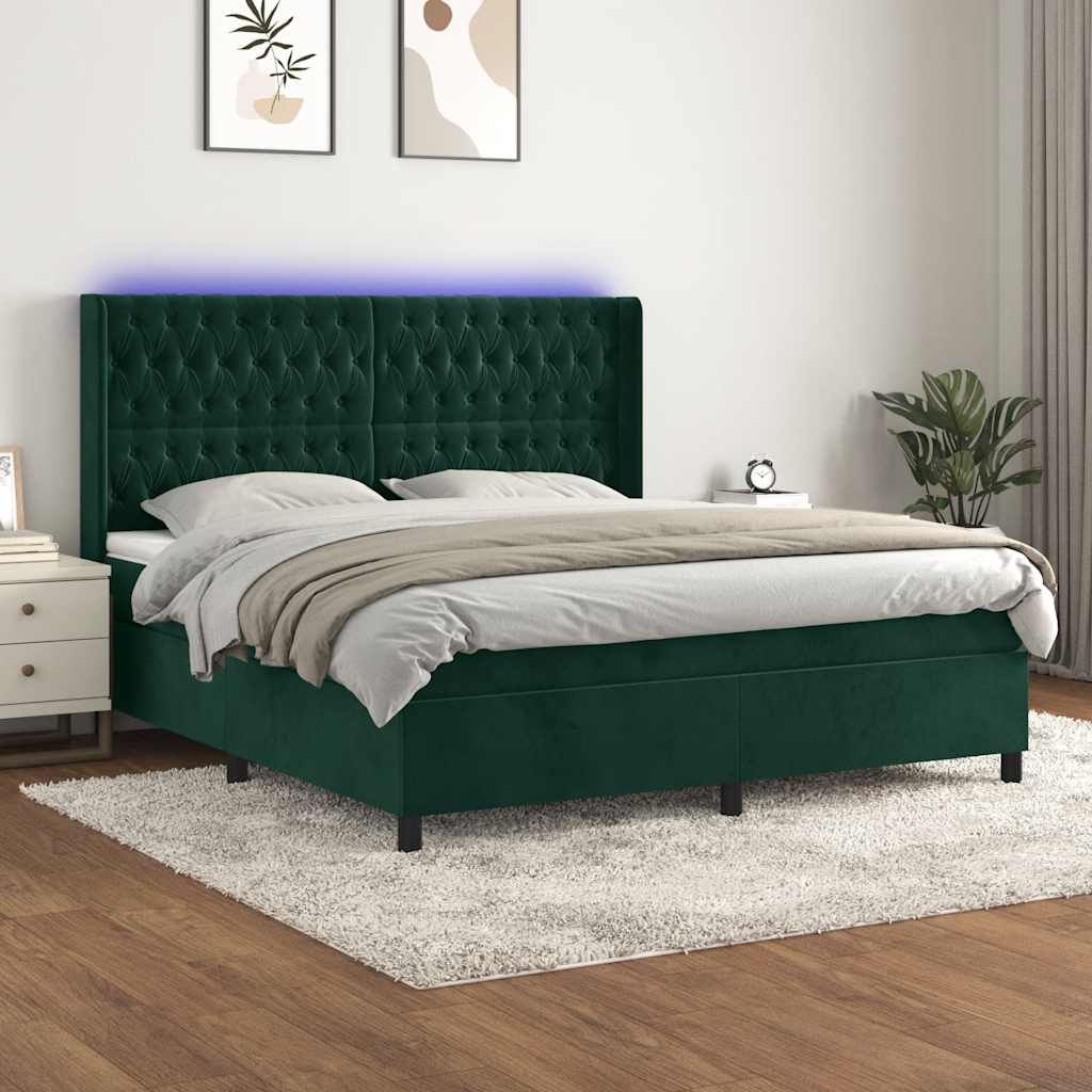 vidaXL Łóżko kontynentalne z materacem i LED zielony aksamit 180x200cm
