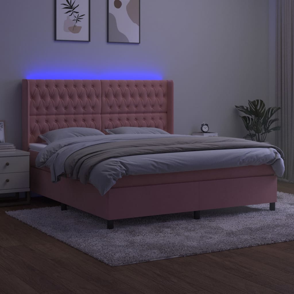 vidaXL Łóżko kontynentalne z materacem i LED, różowy aksamit 180x200cm