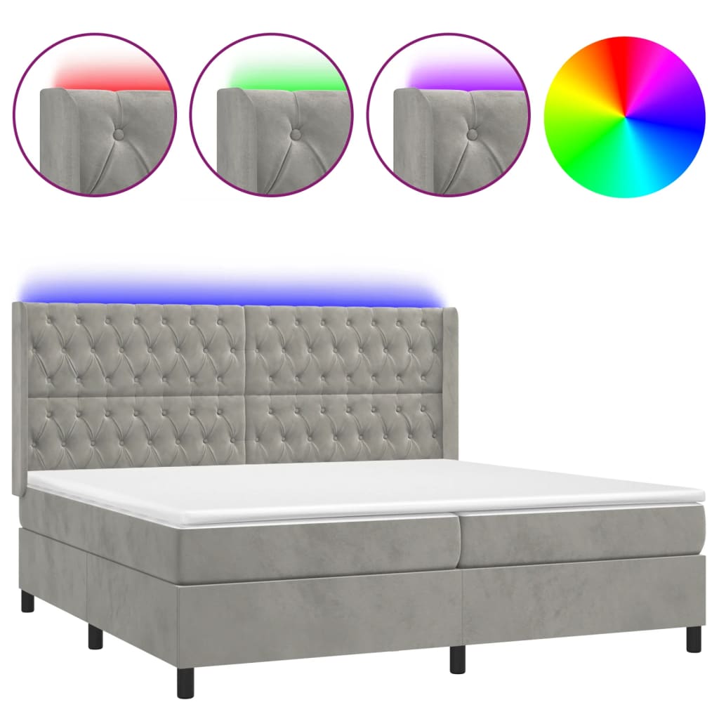 vidaXL Łóżko kontynentalne z materacem i LED, szare 200x200cm, aksamit